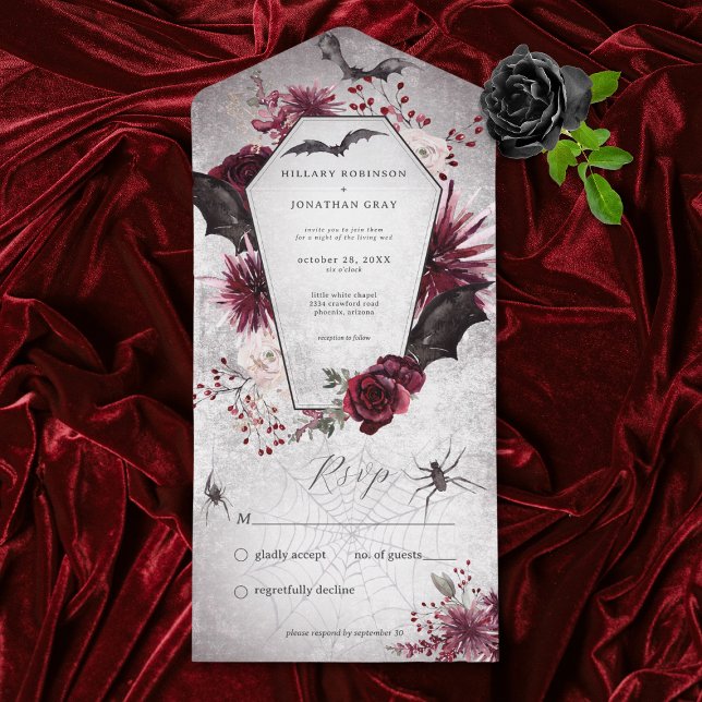 Rustic Gothic Black Burgundy Halloween No Dinner All In One Invitation (Also available with a QR code or with dinner selection options.)