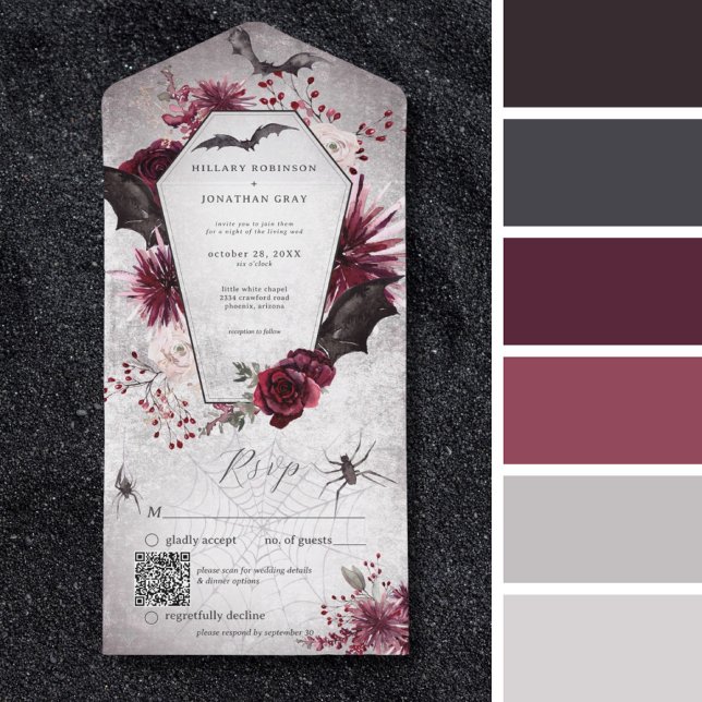 Rustic Gothic Black Burgundy Halloween QR Code All In One Invitation (Rustic Gothic Black Burgundy Halloween Matching Colors Palette)