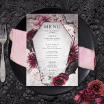 Rustic Gothic Black & Burgundy Halloween Wedding Menu<br><div class="desc">Step into a realm of dark romance with our exquisite gothic or Halloween wedding menu that seamlessly blends rustic elegance with a touch of eerie allure. Adorned with intricate pink, burgundy, and black florals, this invitation is a mesmerising masterpiece that captures the essence of your unique love story. Against a...</div>