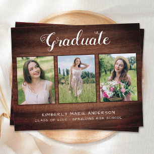 Rustic Graduation 3 Photo Wood Budget Invitation