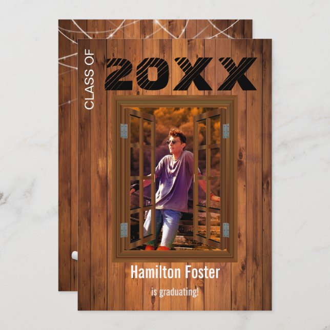 Rustic Graduation Cherry String Lights Barn Wood Invitation (Front/Back)