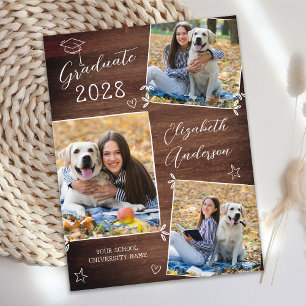 Rustic Graduation Custom Artistic 3 Photo Announcement Postcard