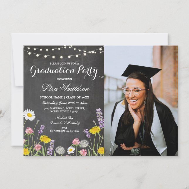Rustic Graduation Party Chalk Wild Flowers Photo Invitation (Front)