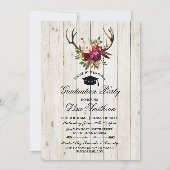 Rustic Graduation Party Floral Antlers Stag Invite (Front)