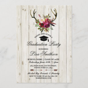 Rustic Graduation Party Floral Antlers Stag Invite