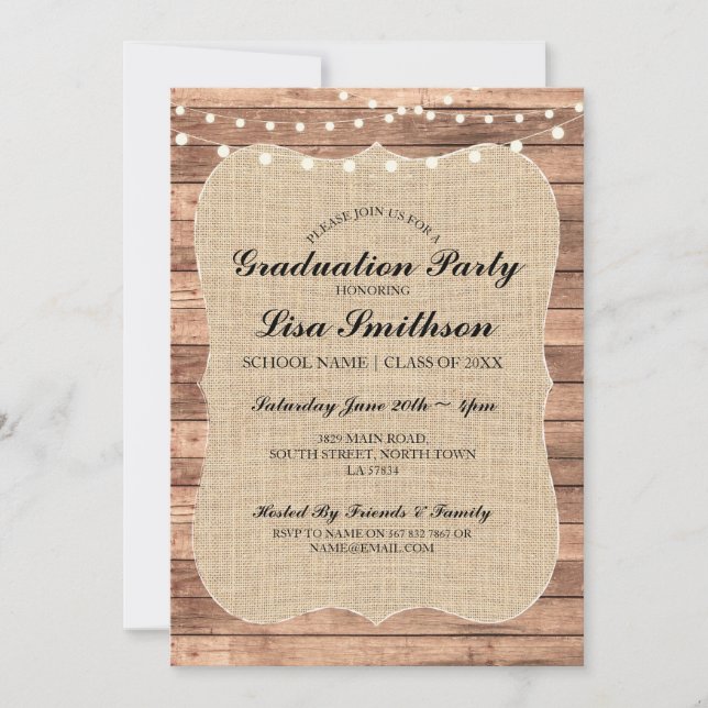 Rustic Graduation Party Floral Burlap Wood Invite (Front)