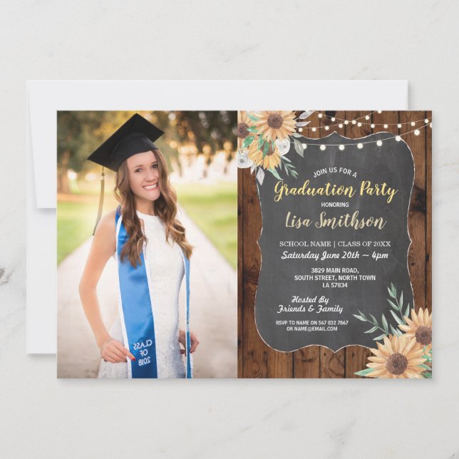 Rustic Graduation Party Wood Sunflower Chalk Invitation (Front)