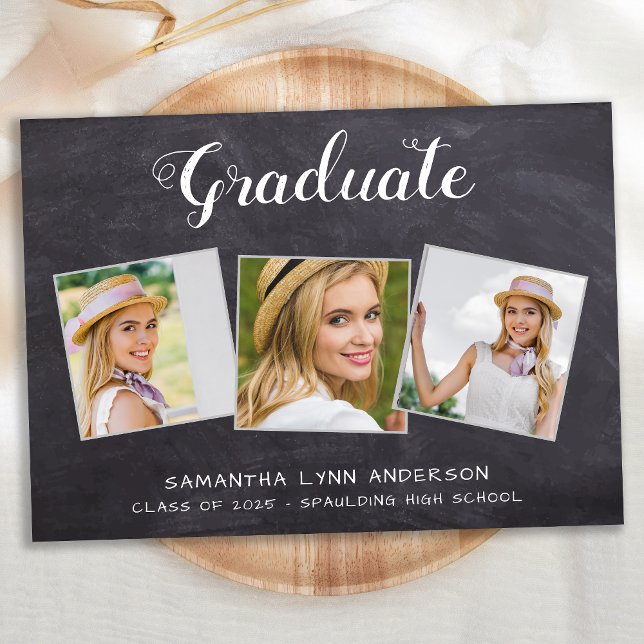 Rustic Graduation Personalised 3 Photo Chalkboard Invitation (Creator Uploaded)