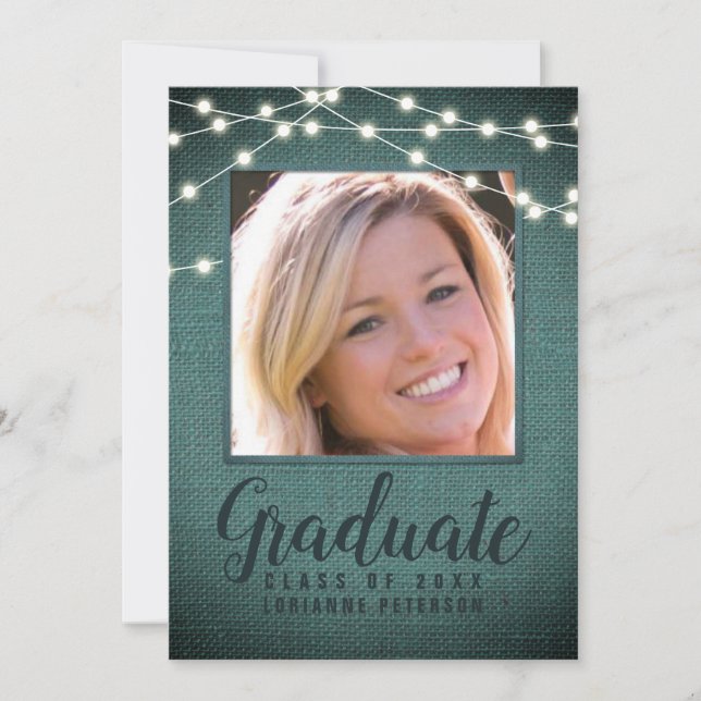Rustic Graduation String Lights Teal Photo Announcement (Front)
