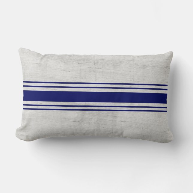 Rustic Grain Sack Dark Blue Navy Stripes Lumbar Cushion (Front)