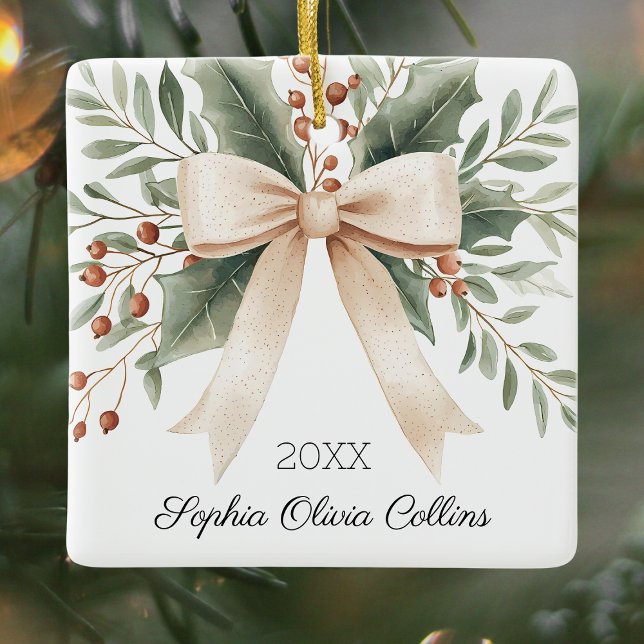 Rustic Grandchild's First Christmas Watercolor Bow Ceramic Ornament (Rustic Grandchild's First Christmas Watercolor Bow and Leaves Xmas Ceramic Ornament)
