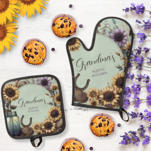 Rustic Grandma's Kitchen Sunflowers Oven Mitt & Pot Holder Set