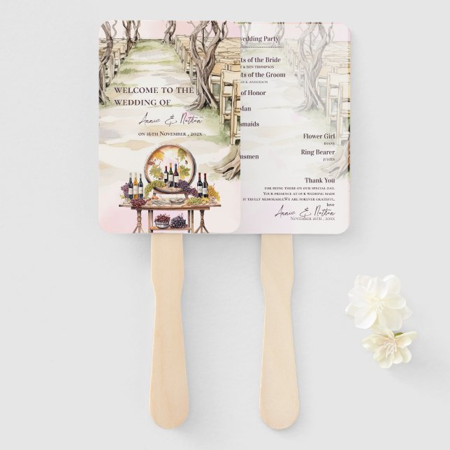 Rustic Grapevine-Inspired Winery Wedding Program  Hand Fan (Front and Back)