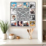 Rustic Gray Barn Wood Farmhouse 12 Photo Collage Square Wall Clock<br><div class="desc">Rustic Gray Barn Wood Farmhouse 12 Photo Collage Square Wall Clock. Large beautiful rustic white barn vintage wood personalized family name year established wall decor clock. The perfect country wooden plank look for any home or kitchen.</div>