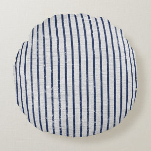 Rustic Gray Linen & Navy Blue Stripes Pattern  Round Cushion