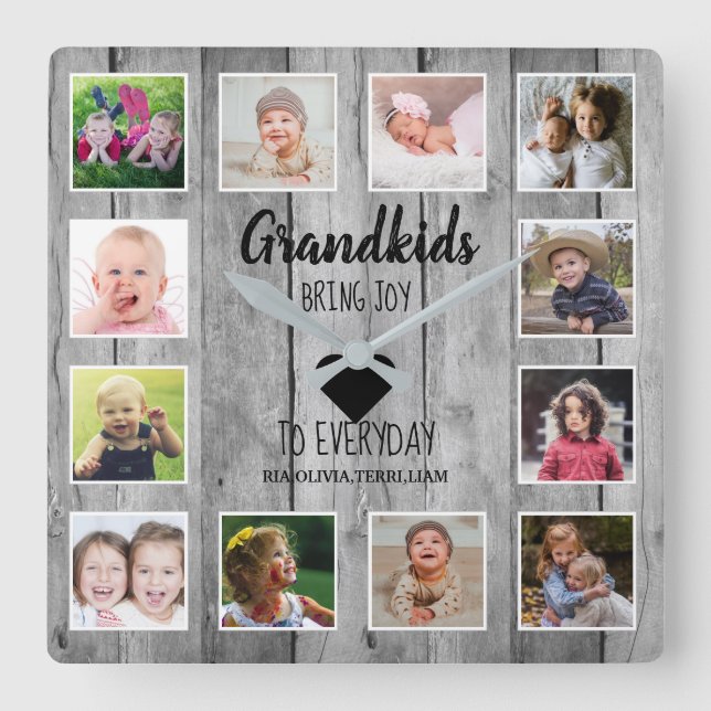 Rustic Gray Wood 12 Photo Collage Grandkids Quote Square Wall Clock (Front)