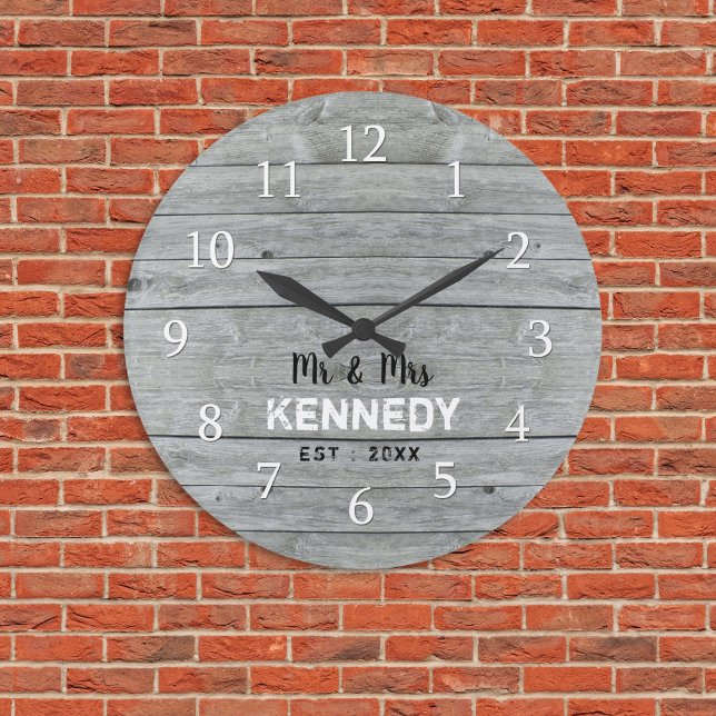Rustic Gray Wood Couple Name Wedding Anniversary  Large Clock (Rustic Gray Wood Couple Name Wedding Anniversary Large Clock)