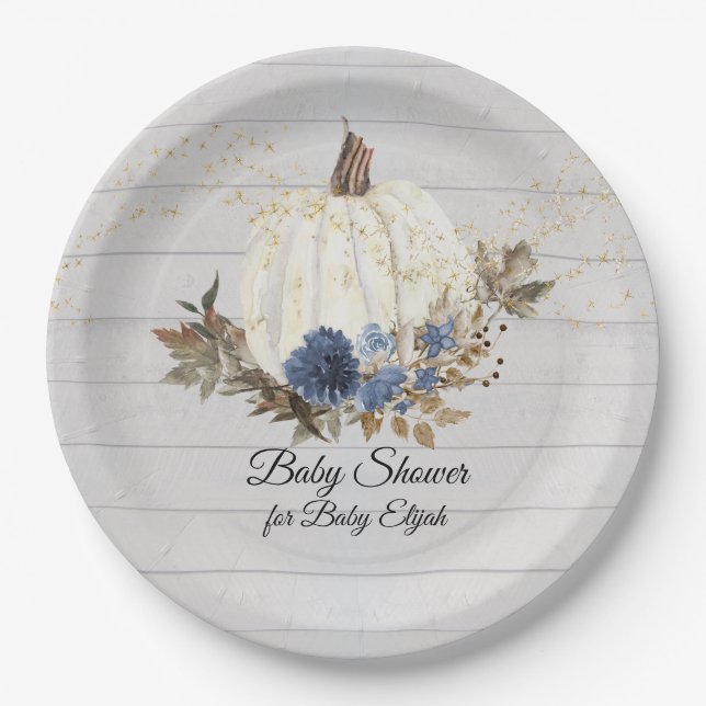 Rustic Gray Wood Navy Floral Pumpkin Baby Shower Paper Plate (Front)