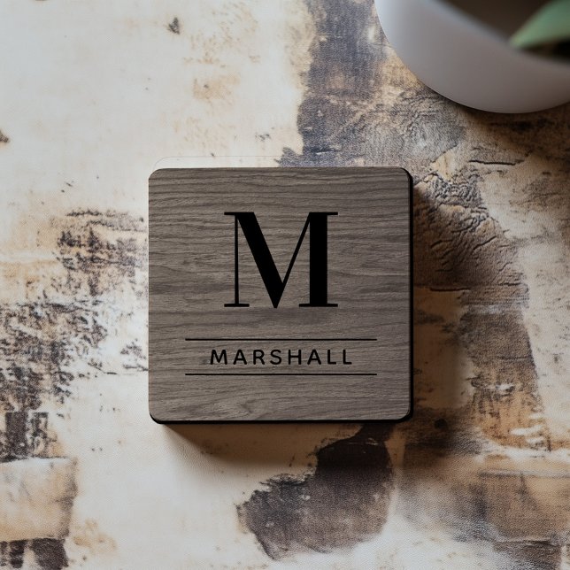 Rustic Gray Wood Serif Monogram Name Coaster (Creator Uploaded)