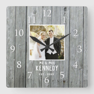 Rustic Gray Wood Wedding Anniversary Custom Photo Square Wall Clock