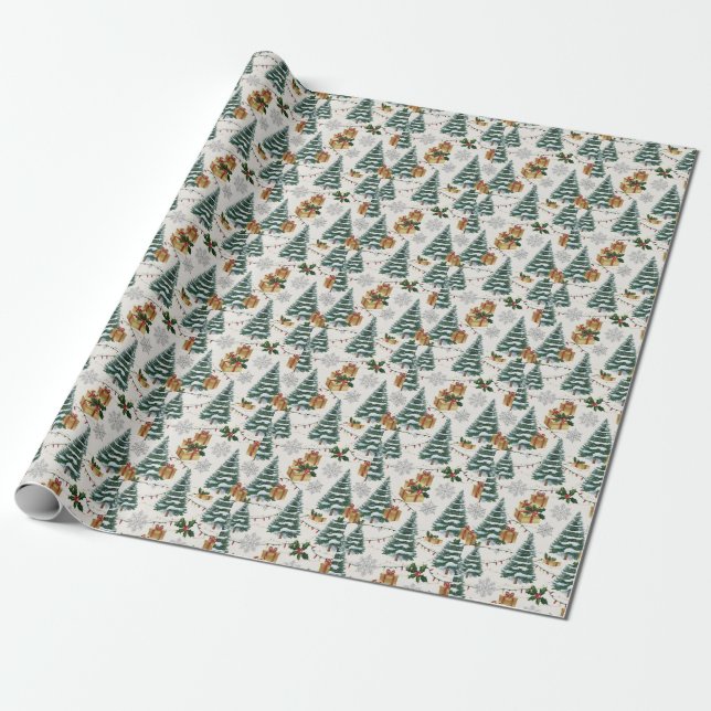 Rustic Green and Beige Christmas Tree   Wrapping Paper (Unrolled)