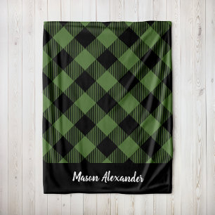 Rustic Green and Black Buffalo Check Monogram Fleece Blanket