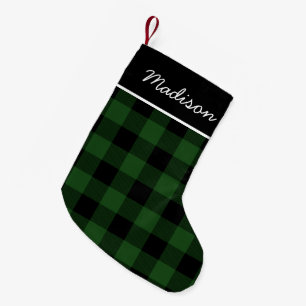 Rustic Green and Black Buffalo Check Monogram Small Christmas Stocking