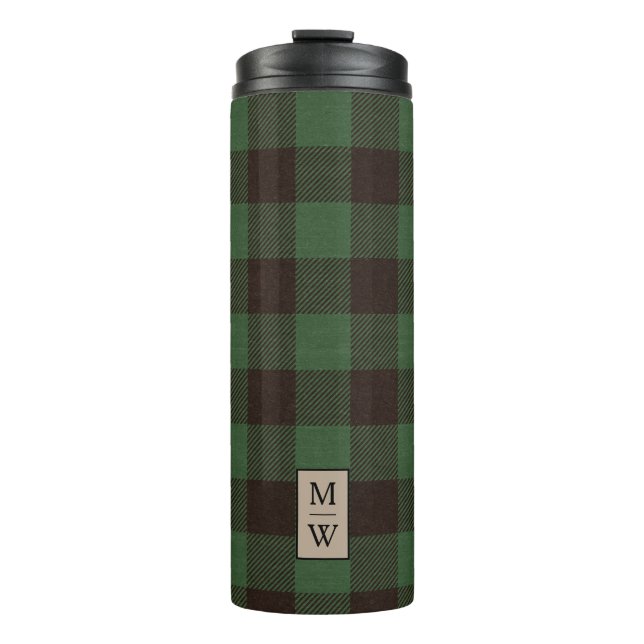 Rustic Green and Black Buffalo Plaid Monogram Thermal Tumbler (Front)