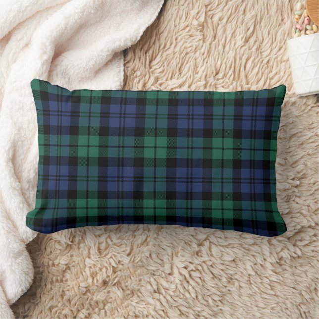 Rustic Green and Blue Black Watch Plaid Holiday Lumbar Cushion (Blanket)