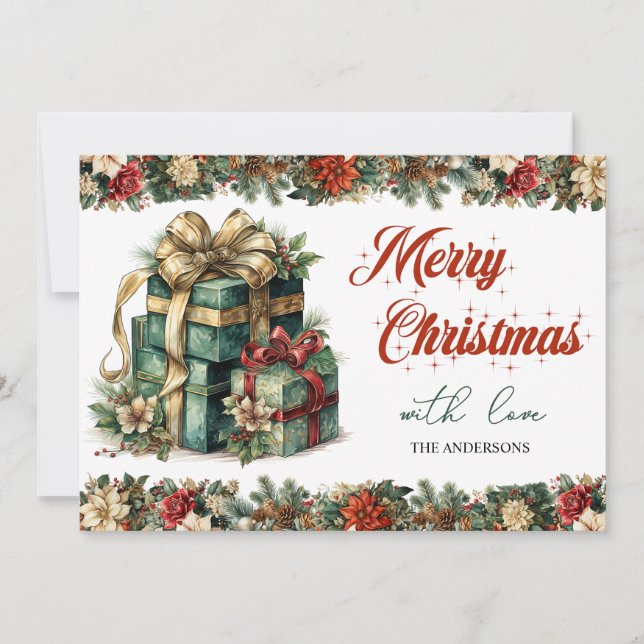 Rustic green and gold elegant Christmas present Holiday Card (Front)