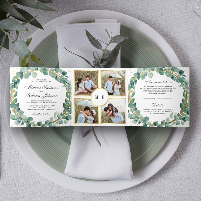 Rustic Green and Gold Eucalyptus Wreath Wedding Tri-Fold Invitation (Creator Uploaded)