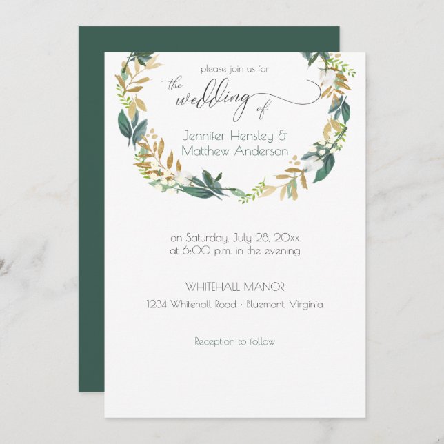 Rustic Green and Gold Greenery Wreath | Invitation (Front/Back)