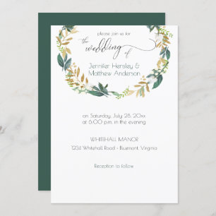 Rustic Green and Gold Greenery Wreath Invitation