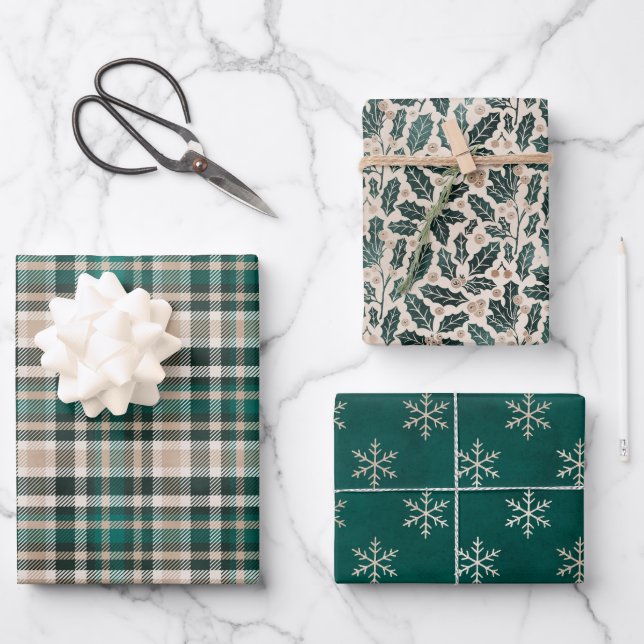 Rustic Green and Tan Christmas Patterns Wrapping Paper Sheet (Front)