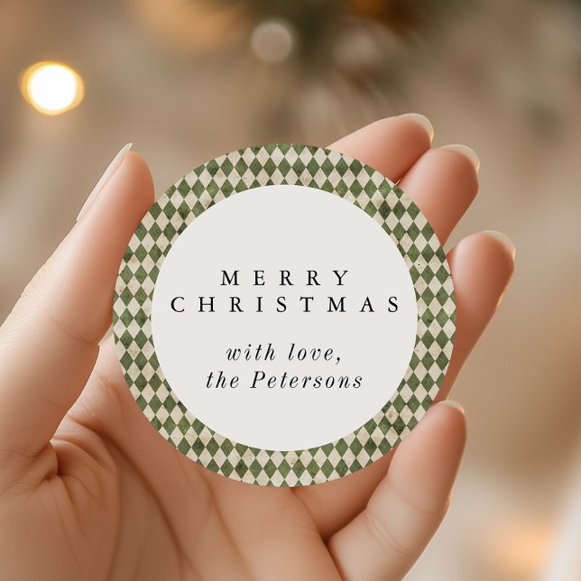 Rustic Green Argyle Holiday Classic Round Sticker (Creator Uploaded)