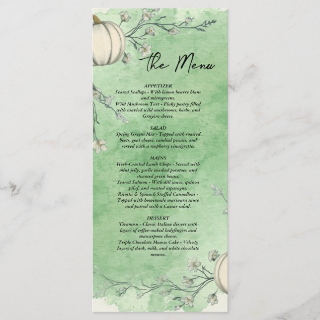 Rustic Green Autumn Pumpkin Wedding Menu (Front)