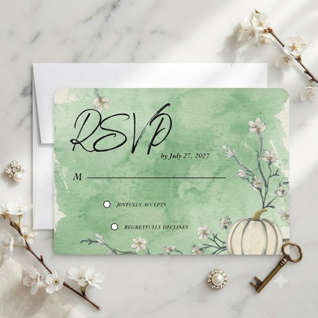 Rustic Green Autumn Pumpkin Wedding RSVP Card (Creator Uploaded)