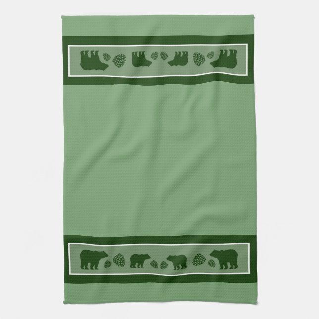 Rustic green bear pinecone kitchen towel (Vertical)