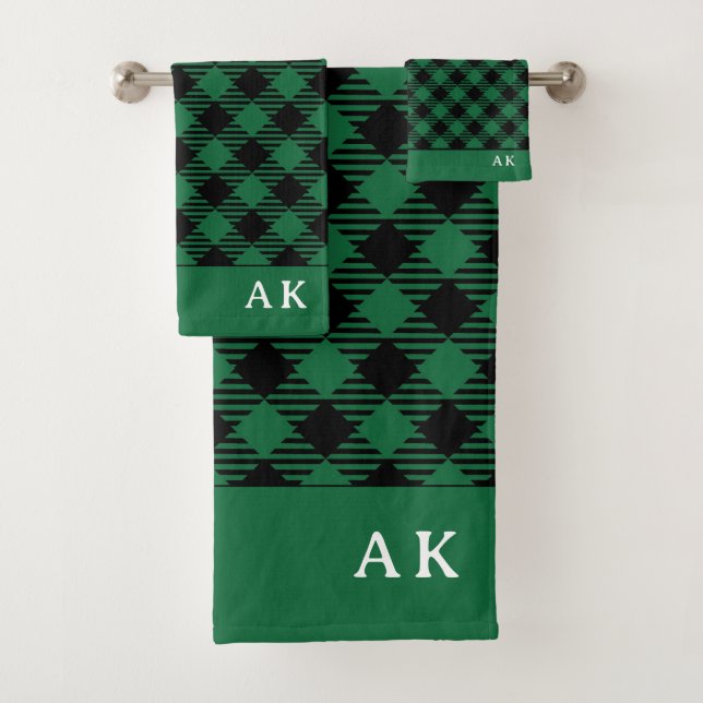 Rustic Green Black Buffalo Check Monogram Bath Towel Set (Insitu)
