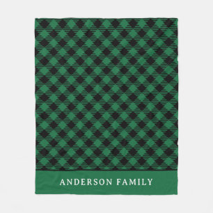 Rustic Green Black Buffalo Check Monogram Fleece Blanket