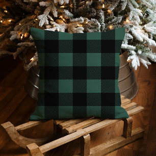 Rustic Green Black Buffalo Plaid Christmas Cushion