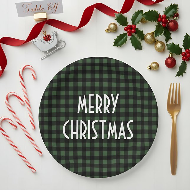 Rustic Green & Black Buffalo Plaid Merry Christmas Paper Plate (Creator Uploaded)