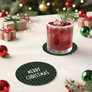 Rustic Green & Black Buffalo Plaid Merry Christmas Round Paper Coaster