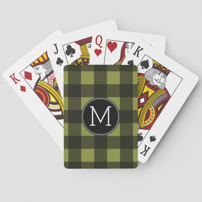 Rustic Green Black Buffalo Plaid Pattern Monogram Playing Cards (Back)