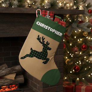 Rustic Green & Black Plaid Reindeer Custom Name Large Christmas Stocking