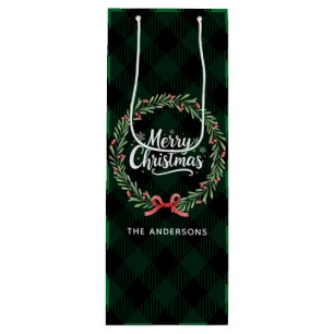 Rustic Green & Black Plaid Wreath Merry Christmas Wine Gift Bag