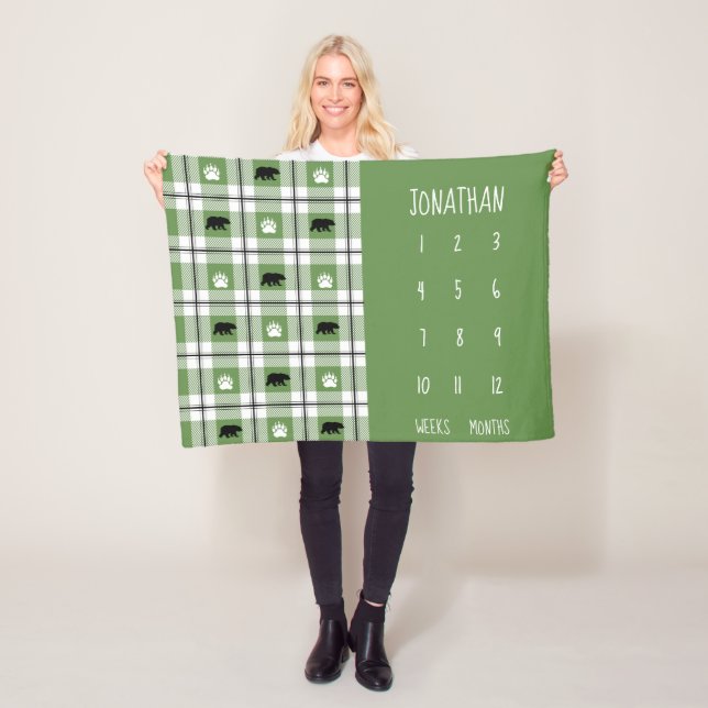 Rustic Green Black & White Bear Flannel Pattern Fleece Blanket (In Situ)