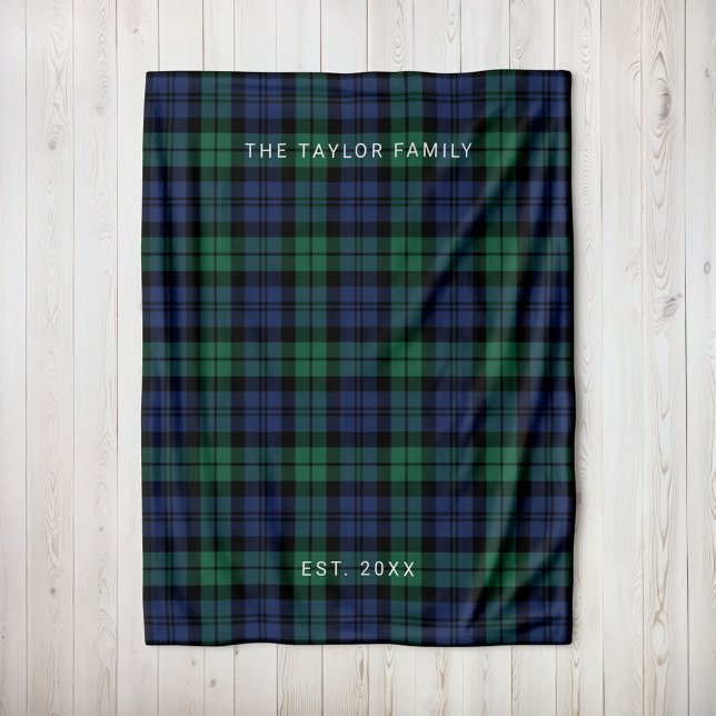 Rustic Green Blue Black Watch Plaid Family Name Fleece Blanket (Creator Uploaded)
