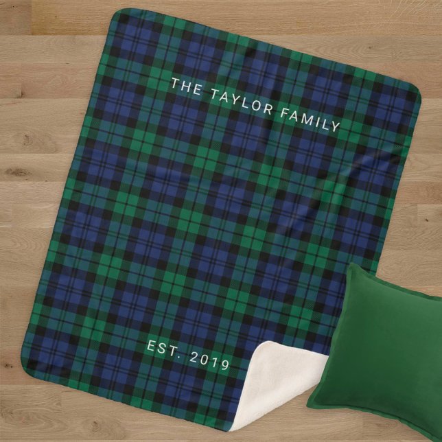 Rustic Green Blue Black Watch Plaid Family Name Sherpa Blanket (Creator Uploaded)