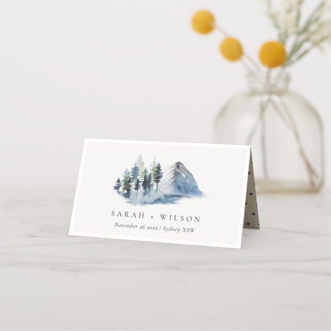Rustic Green Blue Pine Woods Mountain Wedding Place Card (Front)